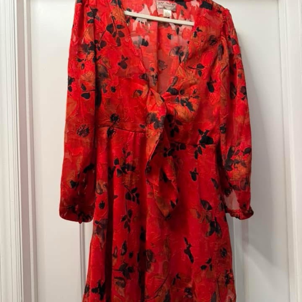Red Floral Dress with Tie Front